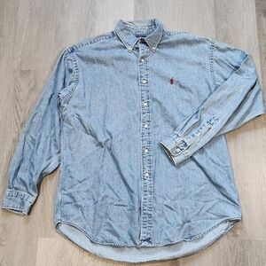 Ralph Lauren Mens L Blake Denim Shirt Blue with Red Pony Vintage Work Wear Polo